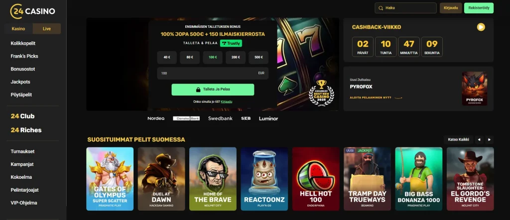 24casinon peliaula, jossa tietoa tervetulobonuksesta