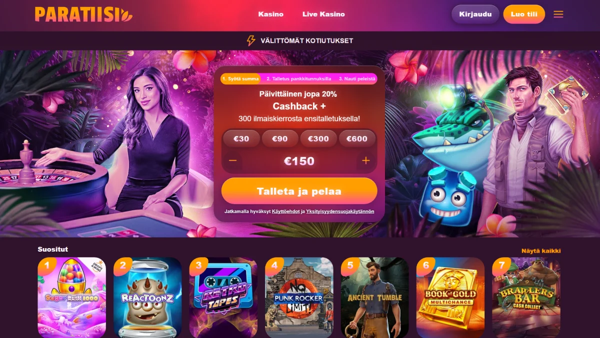 Paratiisi Casinon peliaula, jossa l&ouml;ytyy tiedot tervetulobonuksesta