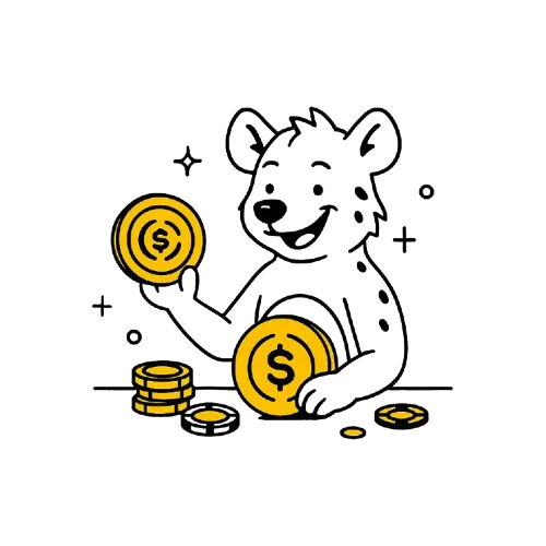 Hyeena pitelee dollarikolikoita, edess&auml; kolikkopino