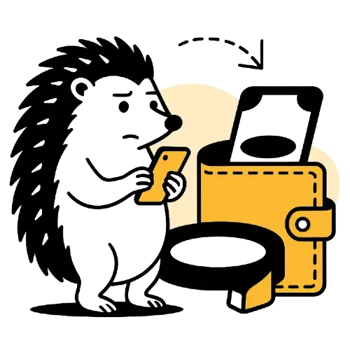 Siili katsoo puhelinta ja sen vieress&auml; on avoin lompakko