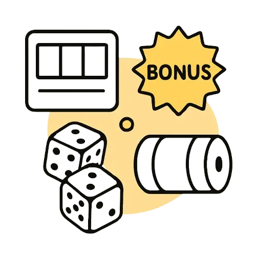 Kolikkopelin rullat, kaksi noppaa, pelimerkkej&auml; ja &lsquo;BONUS&rsquo;-merkki kasinoteemaisessa kuvituksessa