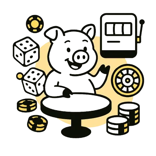 Possu istuu pelip&ouml;yd&auml;n &auml;&auml;ress&auml;, ymp&auml;rill&auml; noppia ja pelimerkkej&auml;