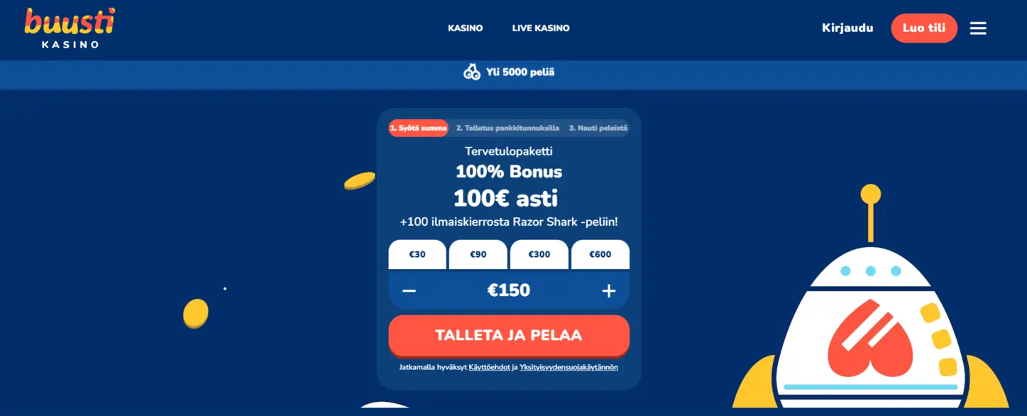 Buusti Casinon peliaula, jossa tietoa tervetulobonuksesta