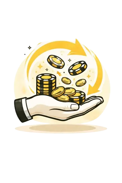 Avoin k&auml;si pitelee kultaisia pelimerkkej&auml; ja kolikoita