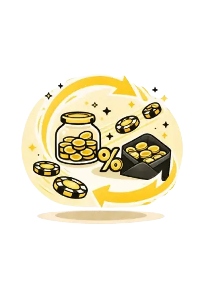 Lasipurkki ja laatikko t&auml;ynn&auml; kultaisia kolikoita, ymp&auml;rill&auml; prosenttimerkki ja kiert&auml;v&auml;t nuolet