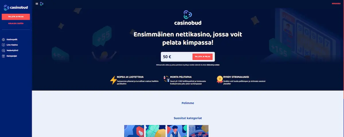 Casinobud Casinon peliaula ja esill&auml; oleva pelivalikoima