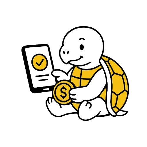 Kilpikonna pitelee tablettia, jossa on hyv&auml;ksynt&auml;merkki, ja k&auml;dess&auml;&auml;n dollarikolikko