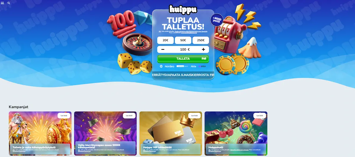 Huippu Casinon peliaulan näkymä, jossa esillä kolikkopelit ja talletuspainike