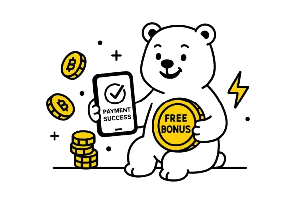 Karhu pitelee kolikkoa, jossa lukee &lsquo;Free Bonus&rsquo;, ja n&auml;ytt&auml;&auml; puhelinta