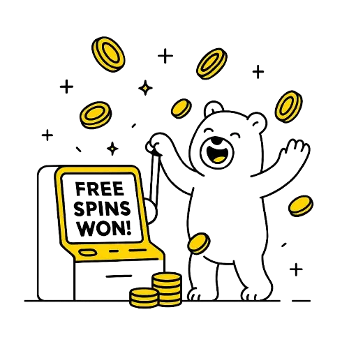 karhu juhlii kolikkopelin vieress&auml;, ja kolikoita sataa ymp&auml;rill&auml;