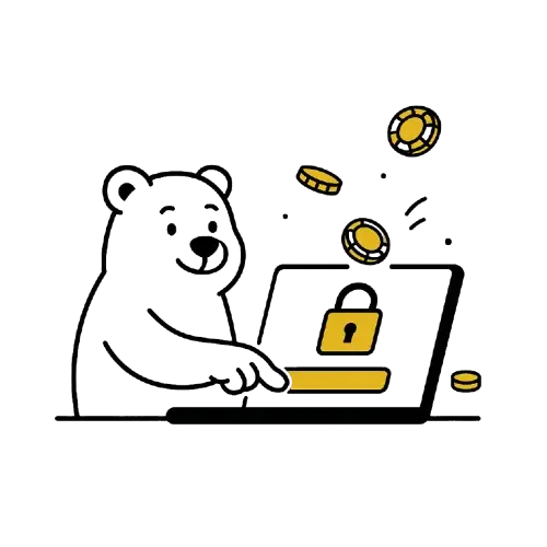 Karhu k&auml;ytt&auml;&auml; kannettavaa tietokonetta, n&auml;yt&ouml;ll&auml; lukon kuvake