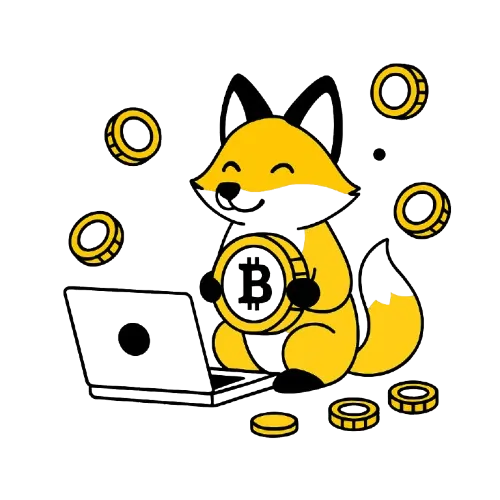 Kettu tietokoneella pitelee Bitcoin kolikkoa