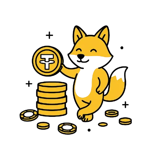 Kettu pitelee Tether (USDT) -kolikkoa, vieress&auml; kolikkopino ja kryptokolikoita