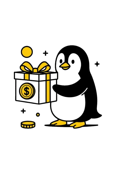 Pingviini pit&auml;&auml; k&auml;siss&auml;&auml;n lahjapakettia, jossa on dollarimerkki