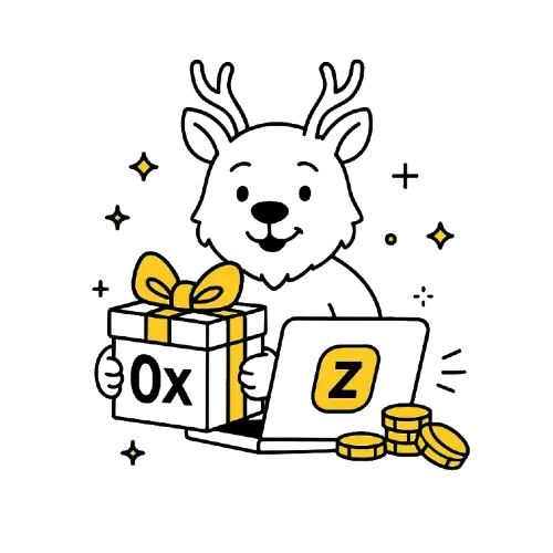 Poro pit&auml;&auml; lahjapakettia, jossa lukee 0x, ja istuu kannettavan tietokoneen vieress&auml;