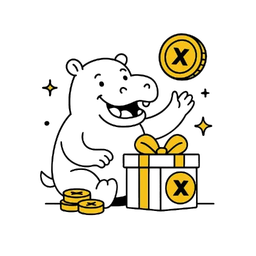 Virtahepo heitt&auml;&auml; ilmaan kolikon, jossa on X-symboli, ja istuu lahjapaketin vieress&auml;