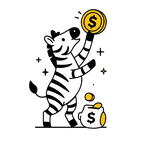 Zebra nostaa ilmaan dollarimerkill&auml; varustetun kolikon, ja sen vieress&auml; on rahas&auml;kki