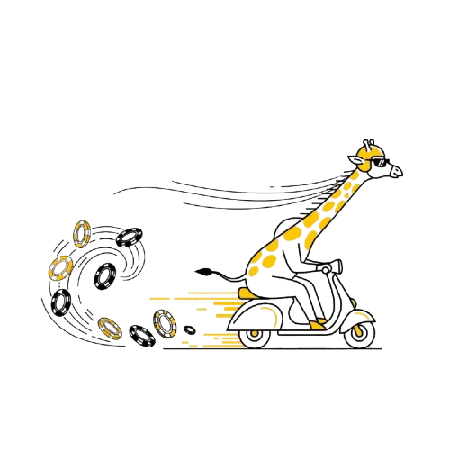 Kirahvi ajaa skootterilla, per&auml;ss&auml; lent&auml;vi&auml; pelimerkkej&auml;