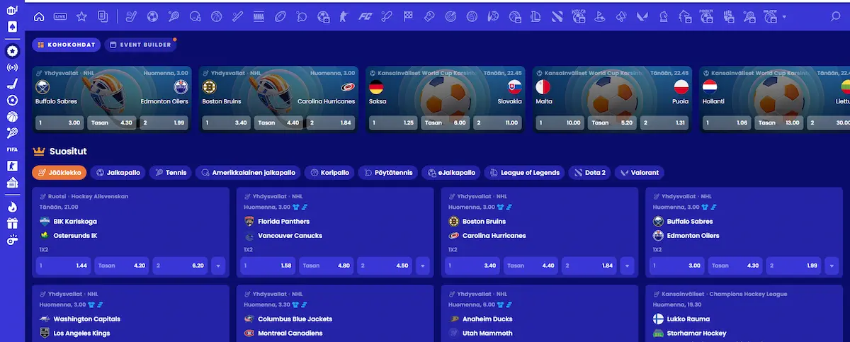 Klikki Casinon vedonly&ouml;ntiosio, jossa n&auml;kyv&auml;t urheilulajit, ottelut ja kertoimet