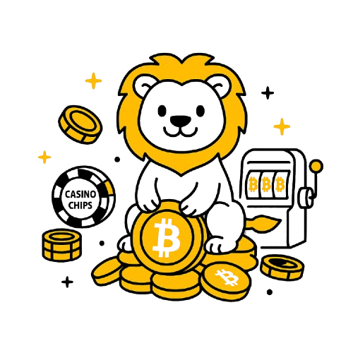 Leijona istuu Bitcoin-kolikon ja kolikkopinon p&auml;&auml;ll&auml;, vieress&auml; kasinopeleihin viittaavia pelimerkkej&auml;