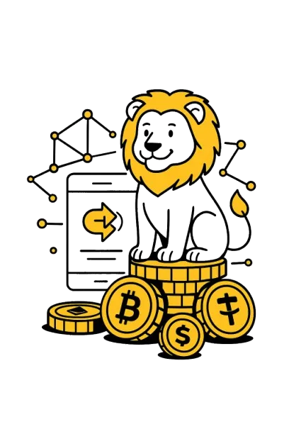 Leijona istuu kolikkopinon p&auml;&auml;ll&auml; ja ymp&auml;rill&auml; kryptovaluuttojen symboleita