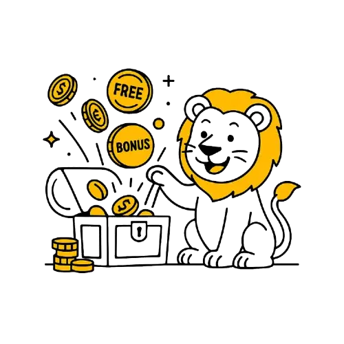 Leijona avaa aarrearkun, josta nousee kolikoita