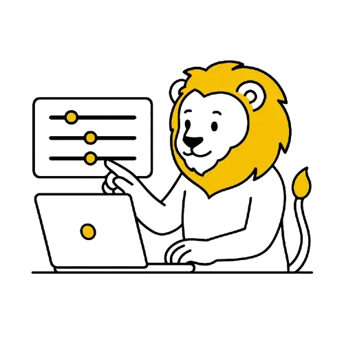 Leijona k&auml;ytt&auml;&auml; kannettavaa tietokonetta ja s&auml;&auml;t&auml;&auml; n&auml;yt&ouml;ll&auml; olevia asetuspalkkeja