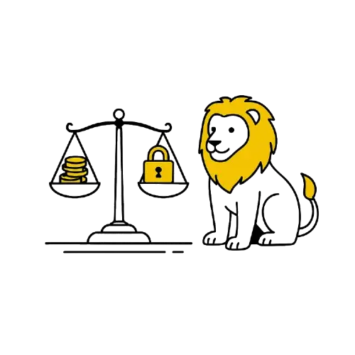 Leijona istuu vaa&rsquo;an vieress&auml;, toisessa vaakakupissa kolikkoja ja toisessa lukko