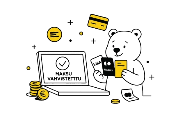 Karhulla k&auml;dess&auml; pankkikortteja, joissa maksutapojen logoja.