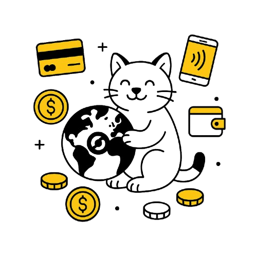 Iloinen kissa halaa maapalloa, ja ymp&auml;rilt&auml; l&ouml;ytyy eri maksutapojen symboleita