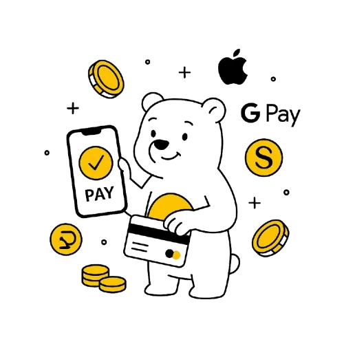 Karhulla on k&auml;dess&auml; puhelin, jossa hyv&auml;ksytty-symboli. Ymp&auml;rill&auml; leijuu eri mobiilimaksujen logoja.