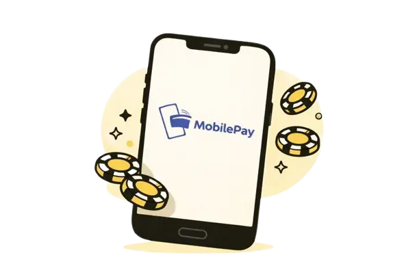 Puhelin, jonka ruudulla Mobilepay logo ja edess&auml; pelimerkkej&auml;