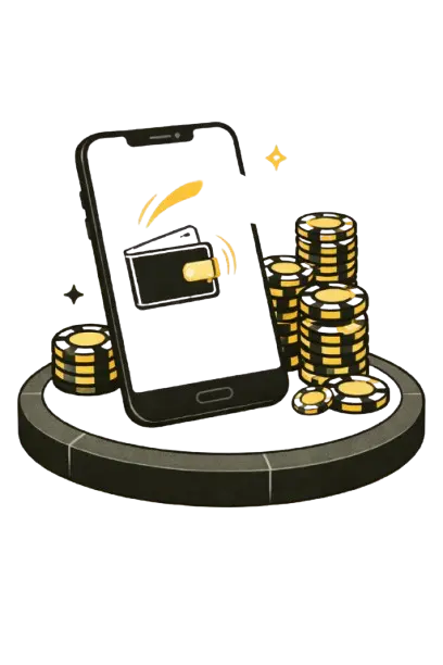 &Auml;lypuhelimen n&auml;yt&ouml;ll&auml; n&auml;kyy digitaalinen lompakko, ja sen ymp&auml;rill&auml; pino pelimerkkej&auml;