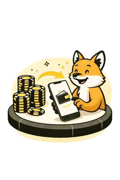 Kettu istuu py&ouml;d&auml;ll&auml;, ja k&auml;dess&auml; puhelin, jonka ruudulla lompakko. Edess&auml; on kasa pelimerkkej&auml;.