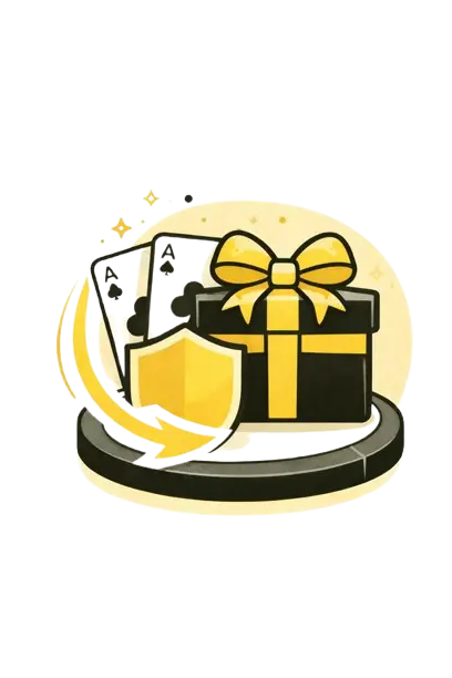 P&ouml;yt&auml;, jolla on lahjapaketti, keltainen kilpi ja kaksi pelikorttia.