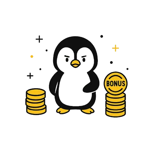 Pingviini seisoo kahden kolikkopinon v&auml;liss&auml;