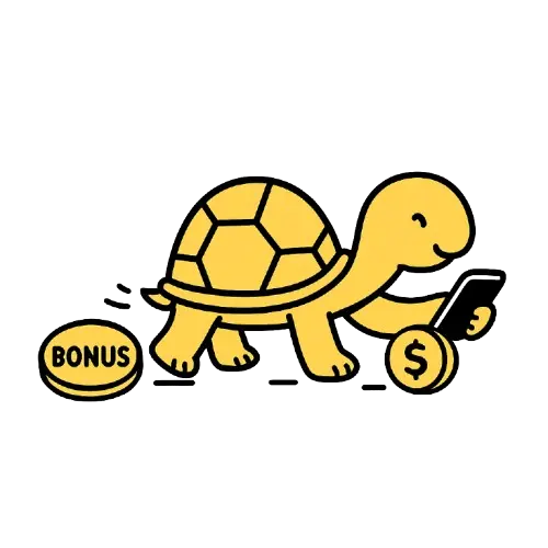 Kilpikonna pelaa puhelimella, ja edess&auml; bonuskolikko ja dollarin kolikko