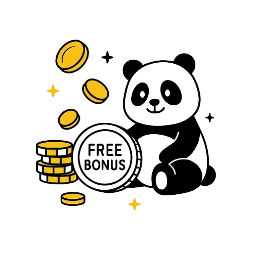 Panda istuu kolikkopinon vieress&auml; ja pitelee kolikkoa, jossa lukee &lsquo;Free Bonus&rsquo;