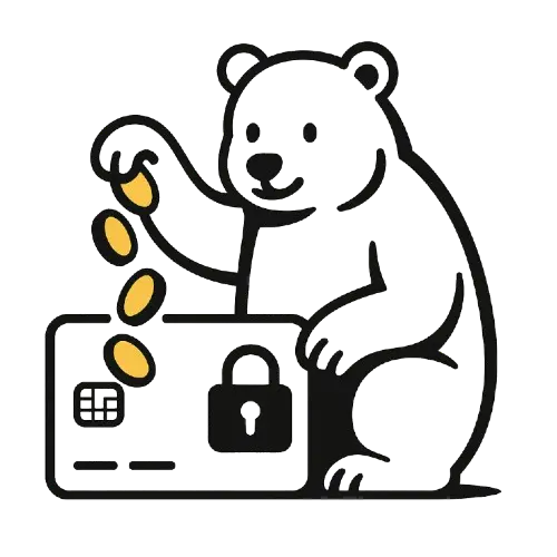 Karhu pudottaa kolikoita pankkikortin p&auml;&auml;lle, jossa on lukon symboli