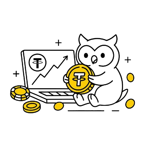 P&ouml;ll&ouml; pitelee Tether (USDT) -kolikkoa, taustalla kannettava tietokone ja nouseva kurssik&auml;yr&auml;