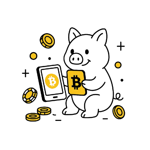 Possu pit&auml;&auml; k&auml;dess&auml;&auml;n Bitcoin-symbolilla varustettua kolikkoa, taustalla &auml;lypuhelin ja ymp&auml;rill&auml; digitaalisia kolikoita