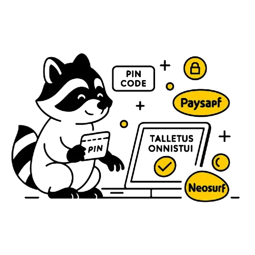 Pesukarhu istuu tietokoneella, ja on tekem&auml;ss&auml; maksua prepaid kortilla. Tietokoneen ymp&auml;rill&auml; eri prepaidpalveluiden logoja