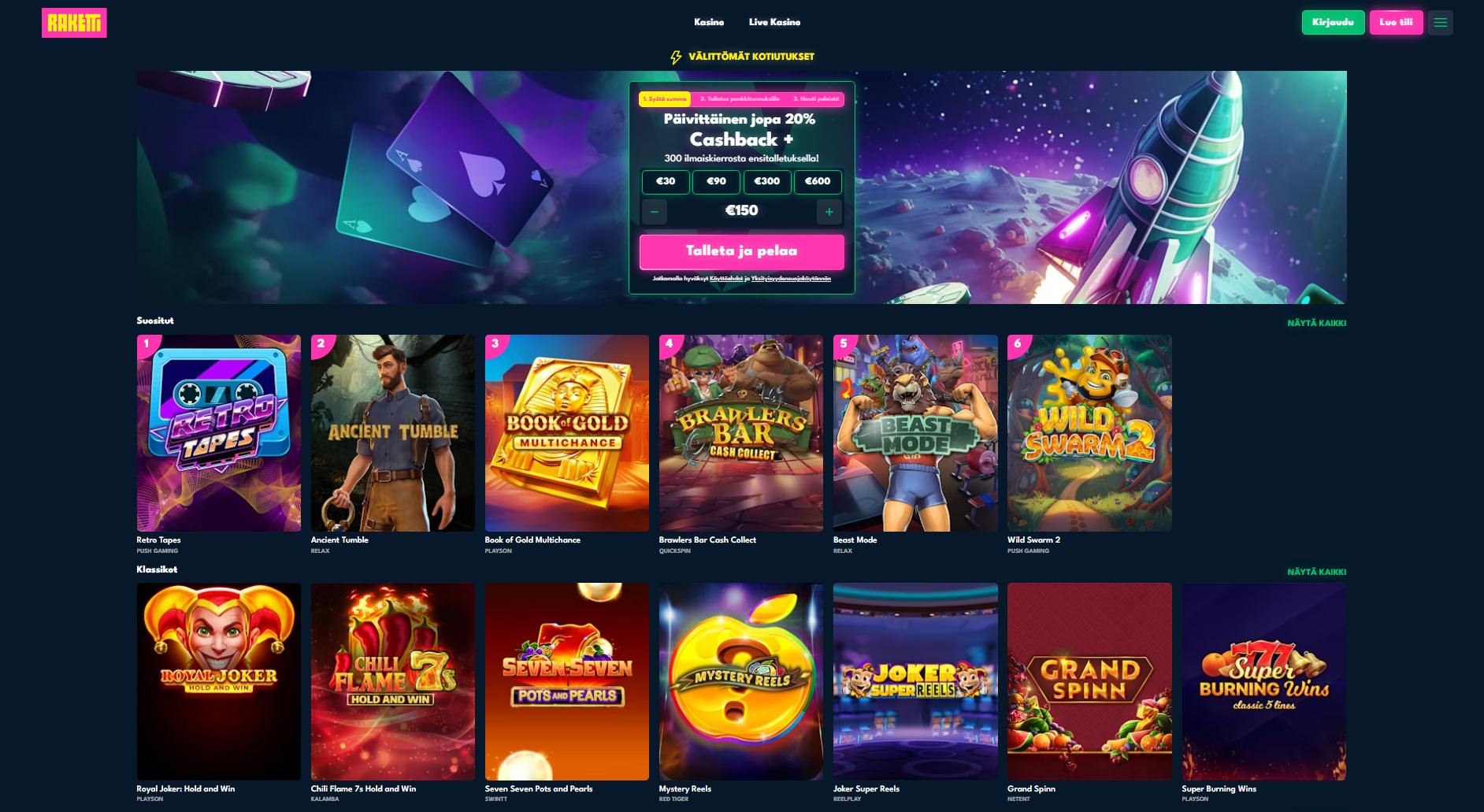 raketti casinon peliaula ja suosituimmat pelit