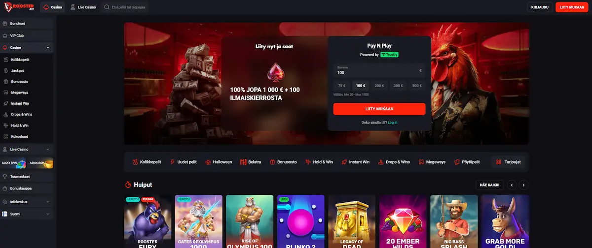 RoosterBet Casinon peliaulan näkymä etusivulla