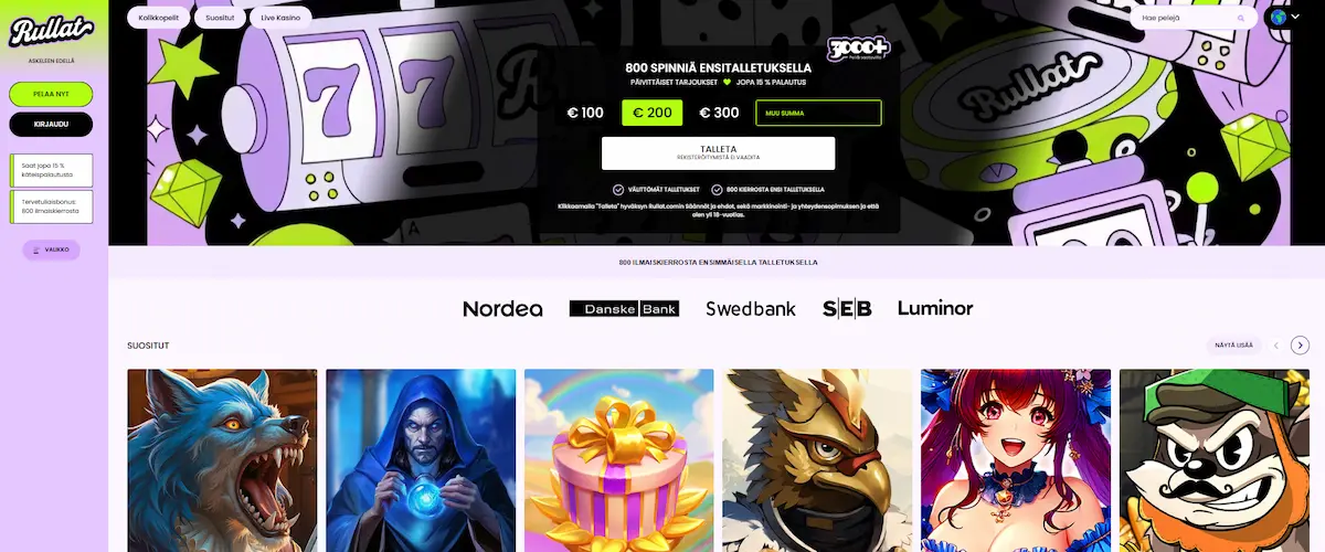 Rullat Kasinon peliaula, jossa näkyy kolikkopelivalikoima
