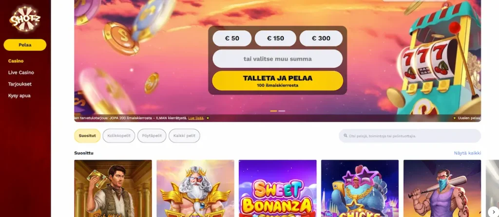 Shotz Casinon peliaula, jossa n&auml;kyy suosituimmat kolikkopelit