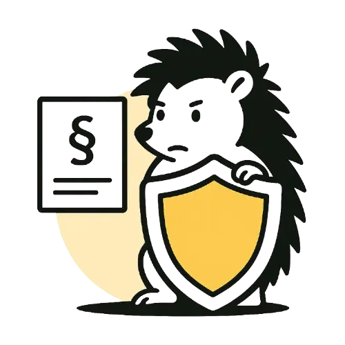 Siili pit&auml;&auml; kilpe&auml; ja vieress&auml; on asiakirja, jossa on lakimerkki