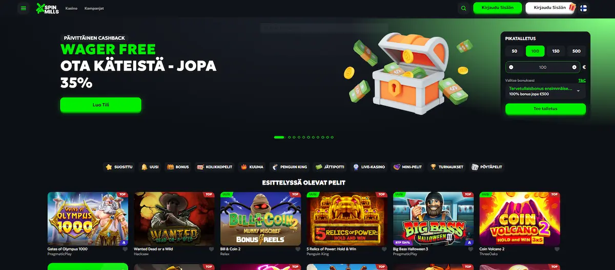 Näkymä SpinMills Casinon peliaulasta