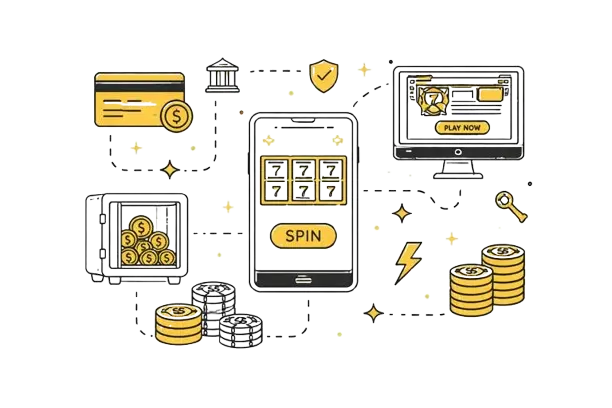 Nettikasinopelaamista kuvaava kuvitus mobiilissa ja tietokoneella