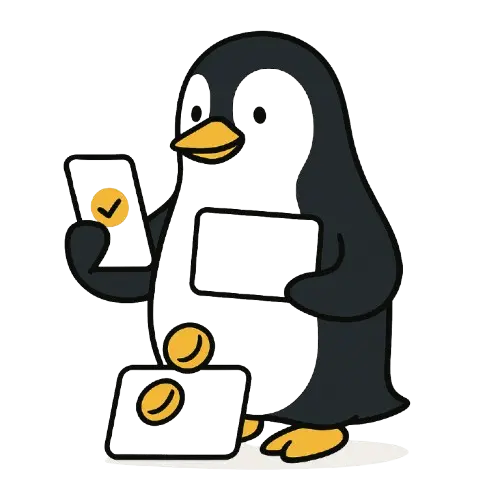 PIngviini, jolla k&auml;dess&auml; kortteja ja edess&auml; muutama keltainen kolikko